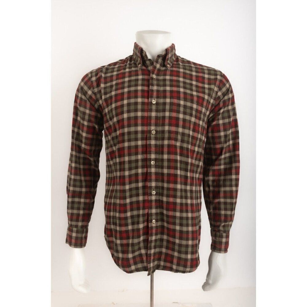 Lands' End Mens Shirt Top Size S 14 14.5 Maroon Brown Tan Multicolor Plaid